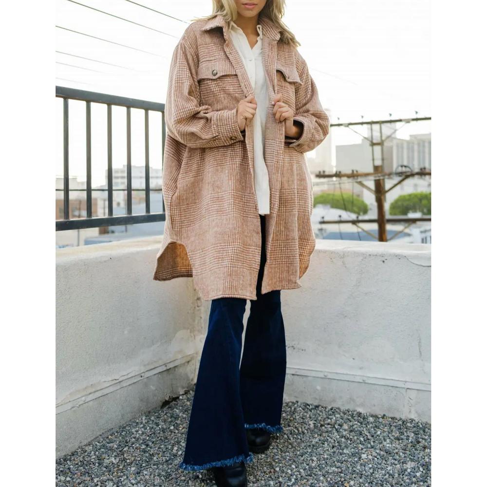 NEW BESTTO houndstooth brushed shirt-jacket in mocha